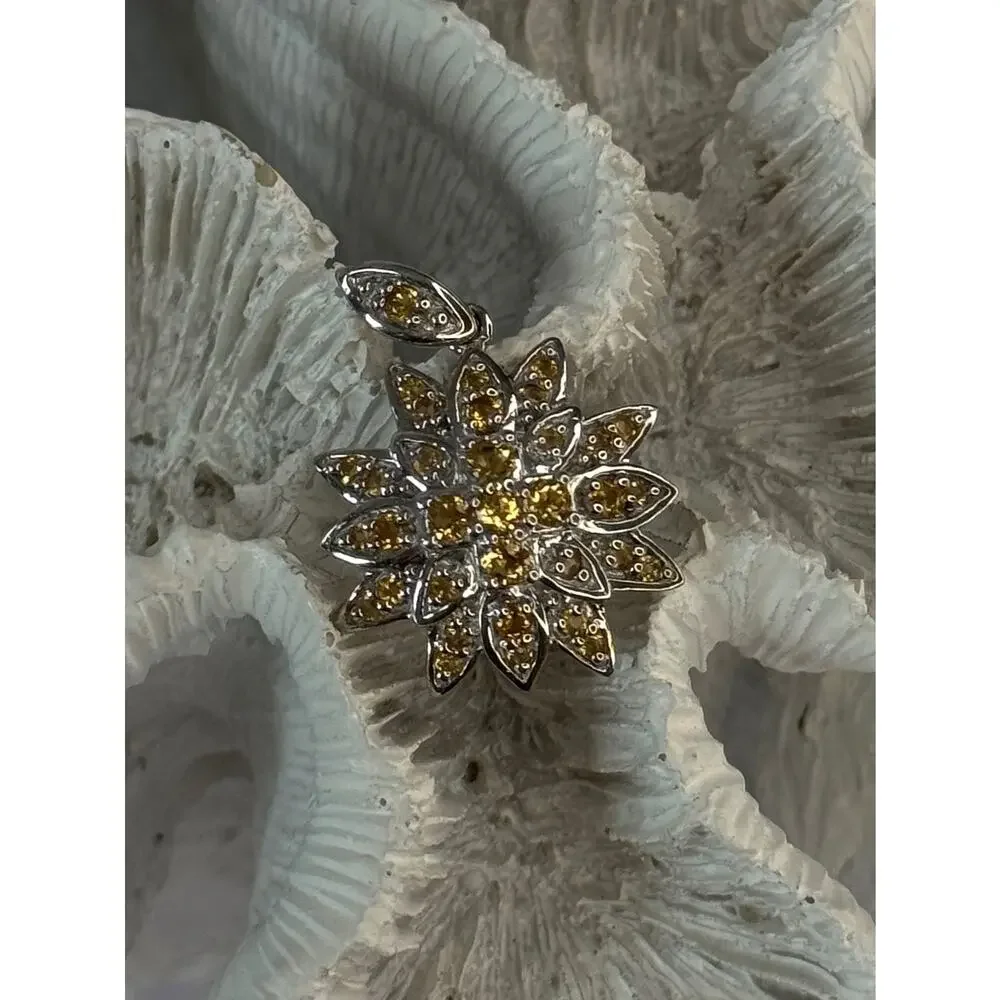 925 Sterling Silver Citrine Flower Pendant Length 1.15 inch